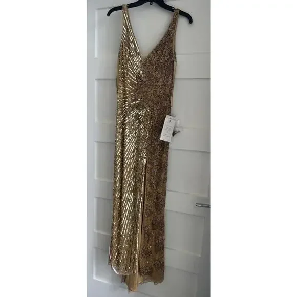 $598 Mac Duggal 5473 High Slit Embellished Sequins Dress Gold Size 8 NWT - Picture 4 of 16